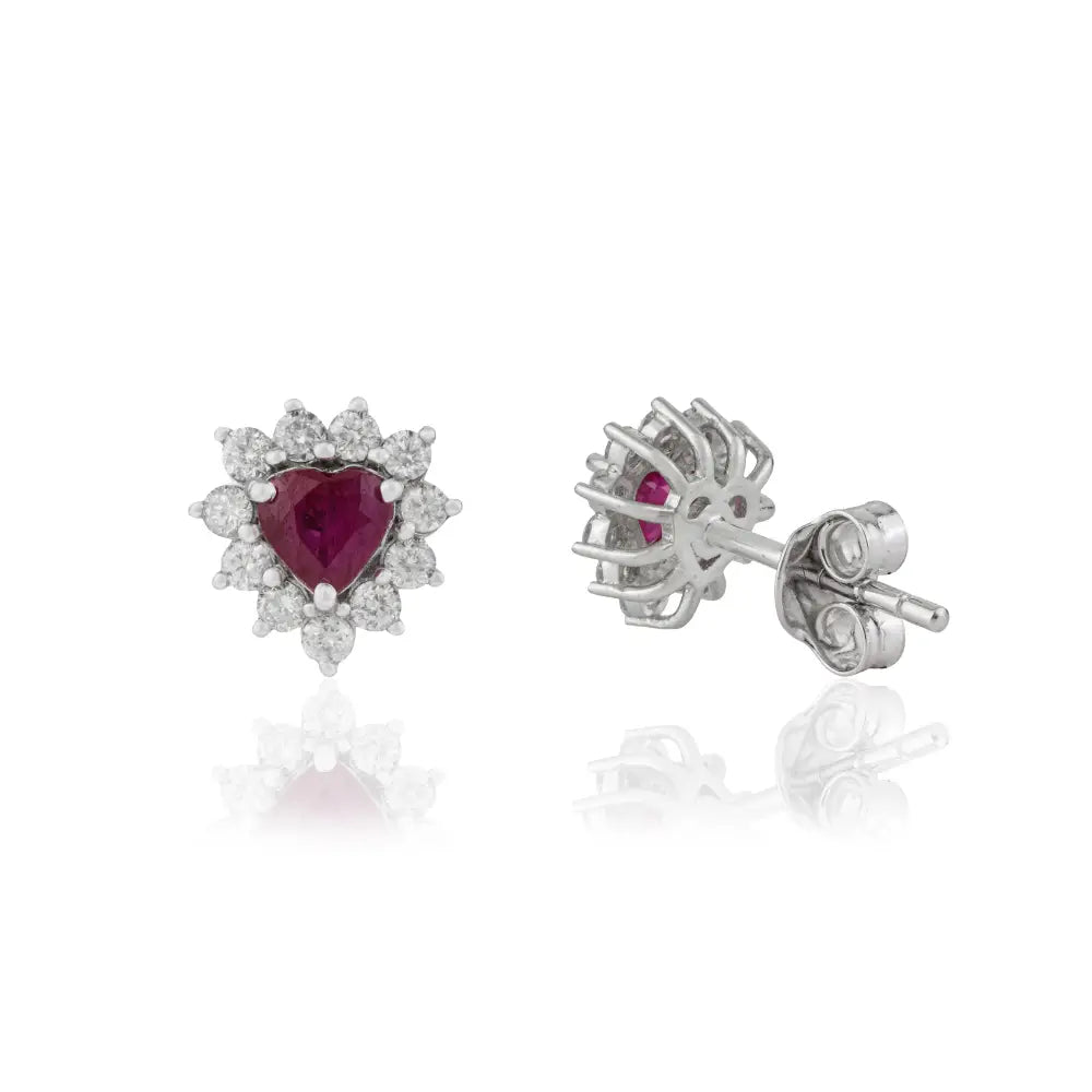 Solid 14K White Gold Heart Shape Ruby & Diamond Cluster Stud Earrings For Women & Girls