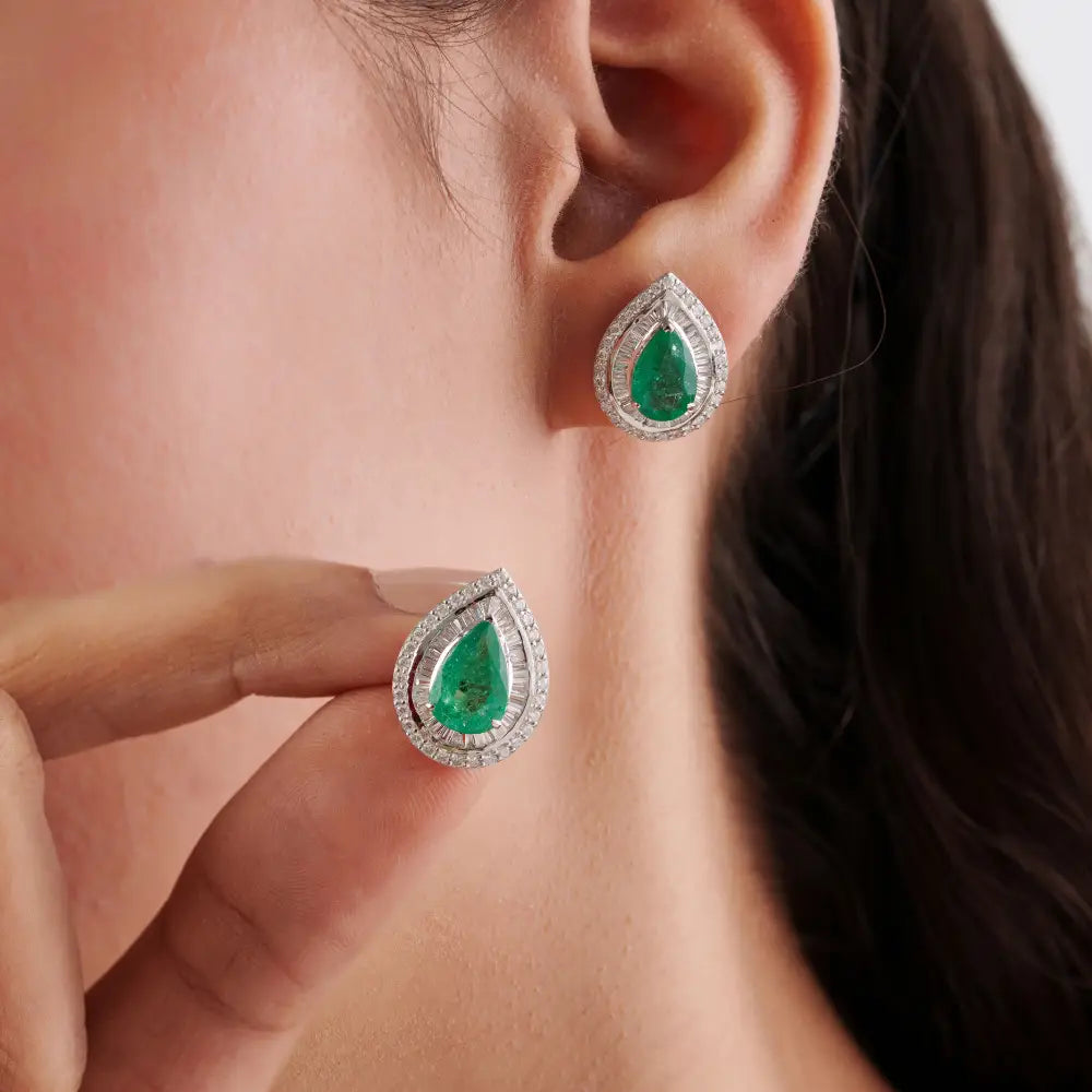 Real 18K White Gold Zambian Emerald & Diamond Pear Shape Double Cluster Stud Earrings