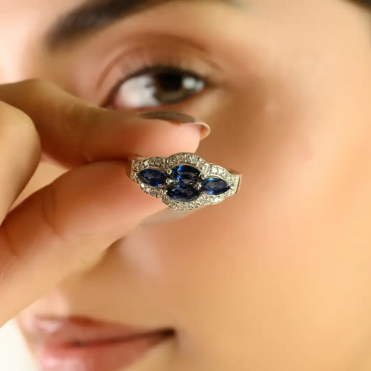 Unique Designer Blue Sapphire & Diamond Vintage Style Gemstone Ring Solid 14K Gold