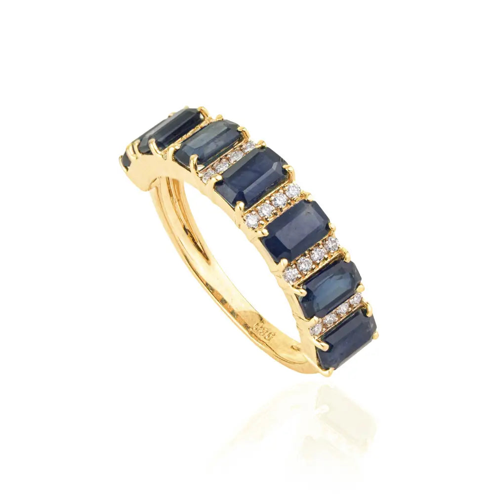 Latest Design K14 Yellow Gold Blue Sapphire & Diamond Half Eternity Band Ring Custom Jewelry