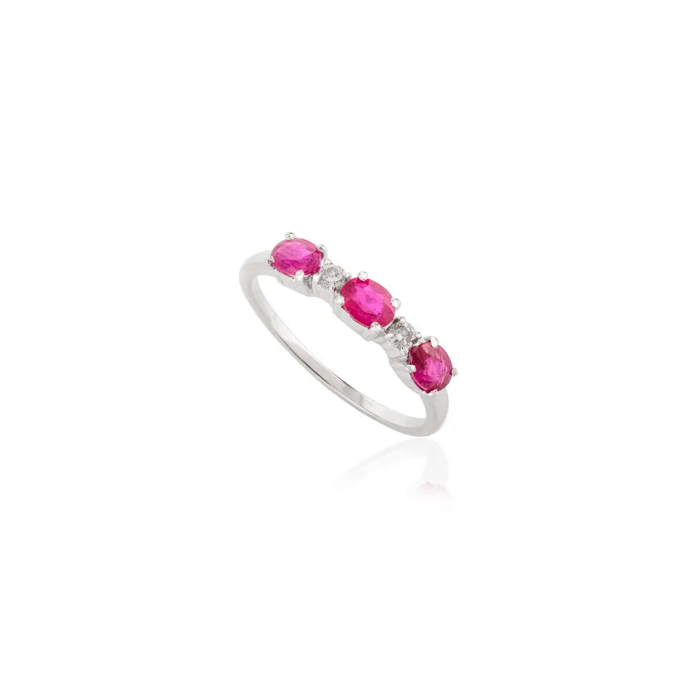 Bulk Jewelry Natural Ruby & Diamond Solid 14K White Gold Three Stone Ring