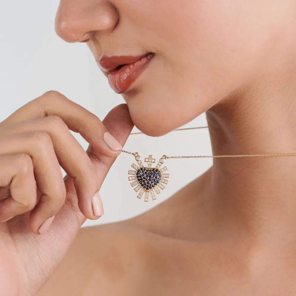 Gorgeous Blue Sapphire & Diamond Sacred Heart Sunburst Pendant Necklace 14K Solid Yellow Gold Jewelry