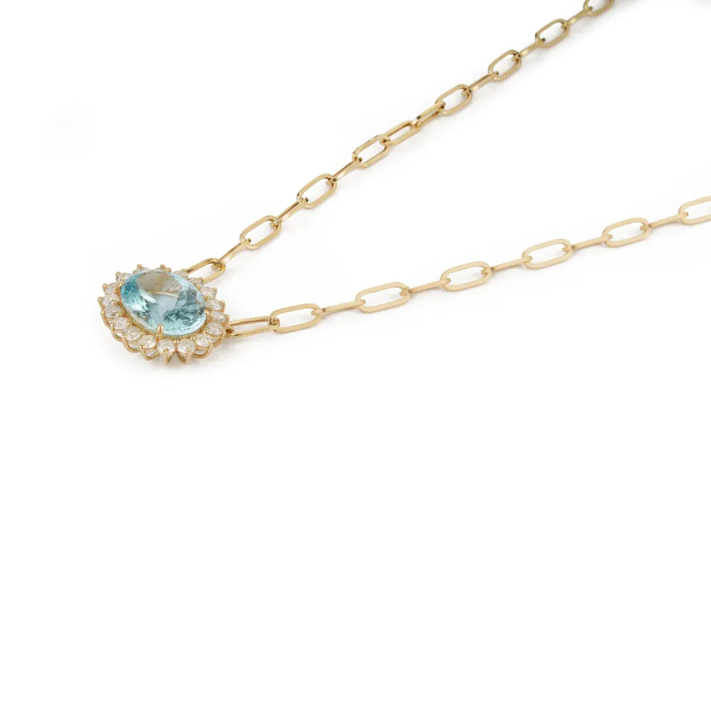 Oval Shape Aquamarine & Round Cut Diamond Bold Cluster Paperclip Chain Pendant Necklace 14K Yellow Gold