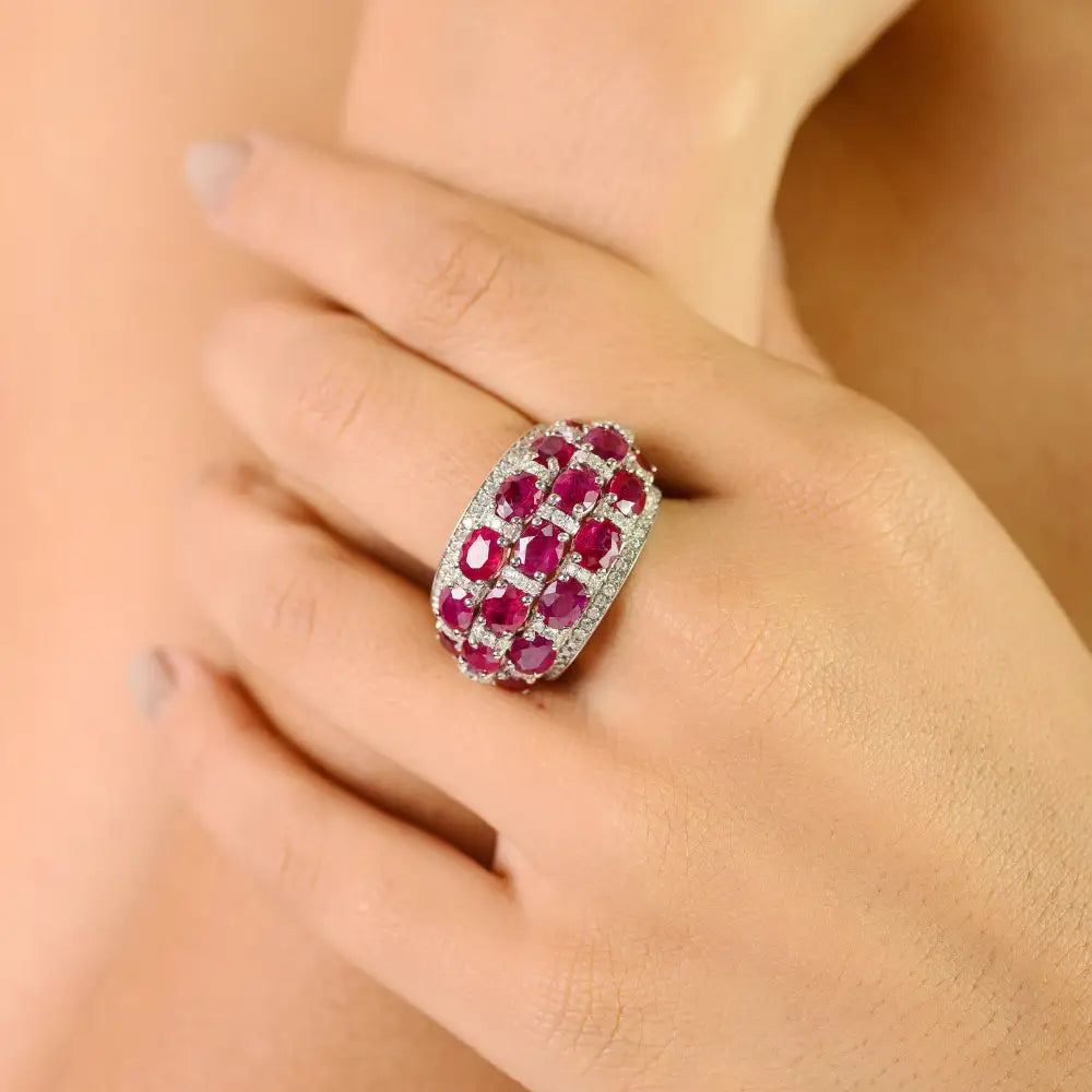 Luxury Beautiful Ruby & Diamond 18K Real White Gold Chunky Dome Ring Bold Jewelry