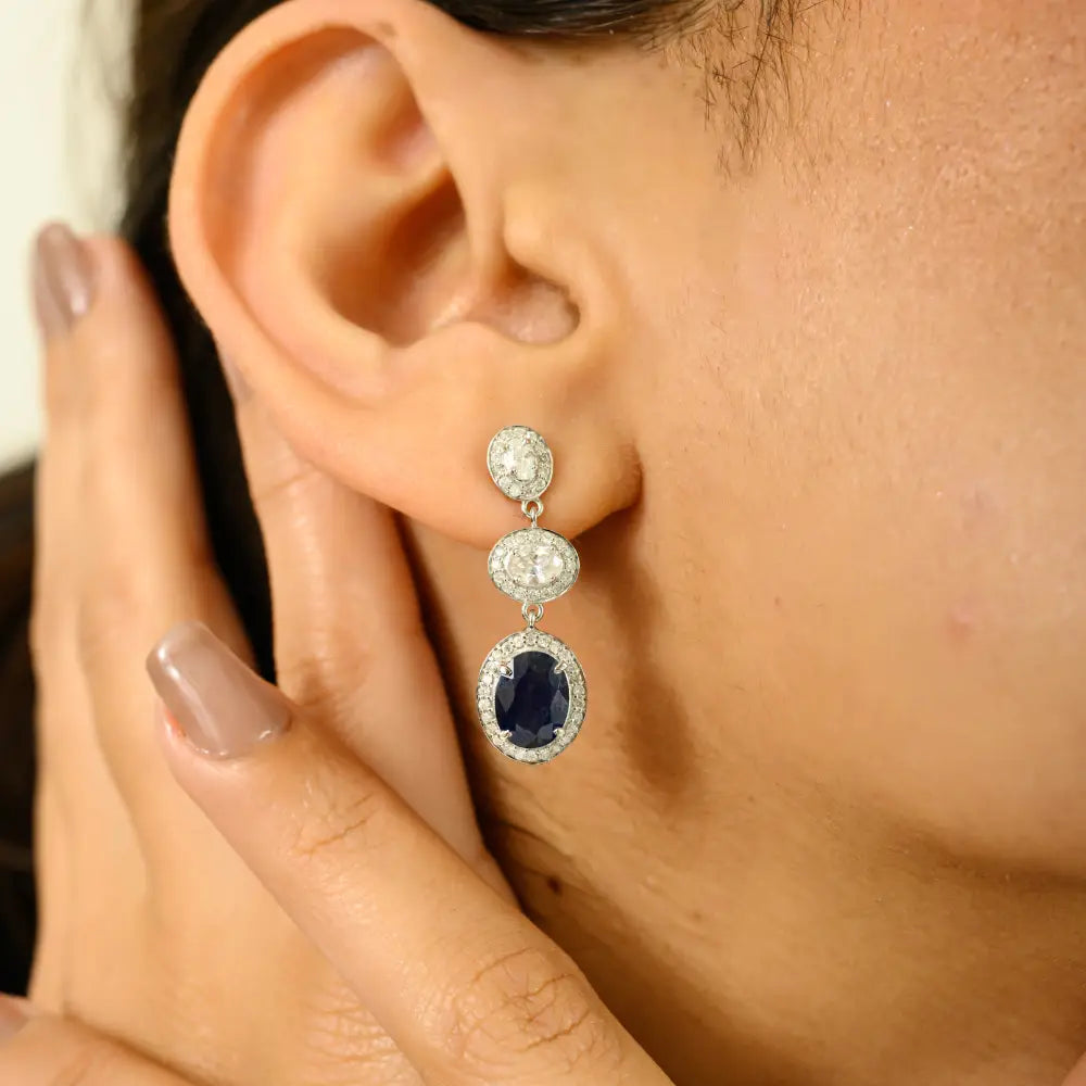 Luxury Blue Sapphire & Diamond Dangle Earrings Handmade Solid K14 White Gold Jewelry