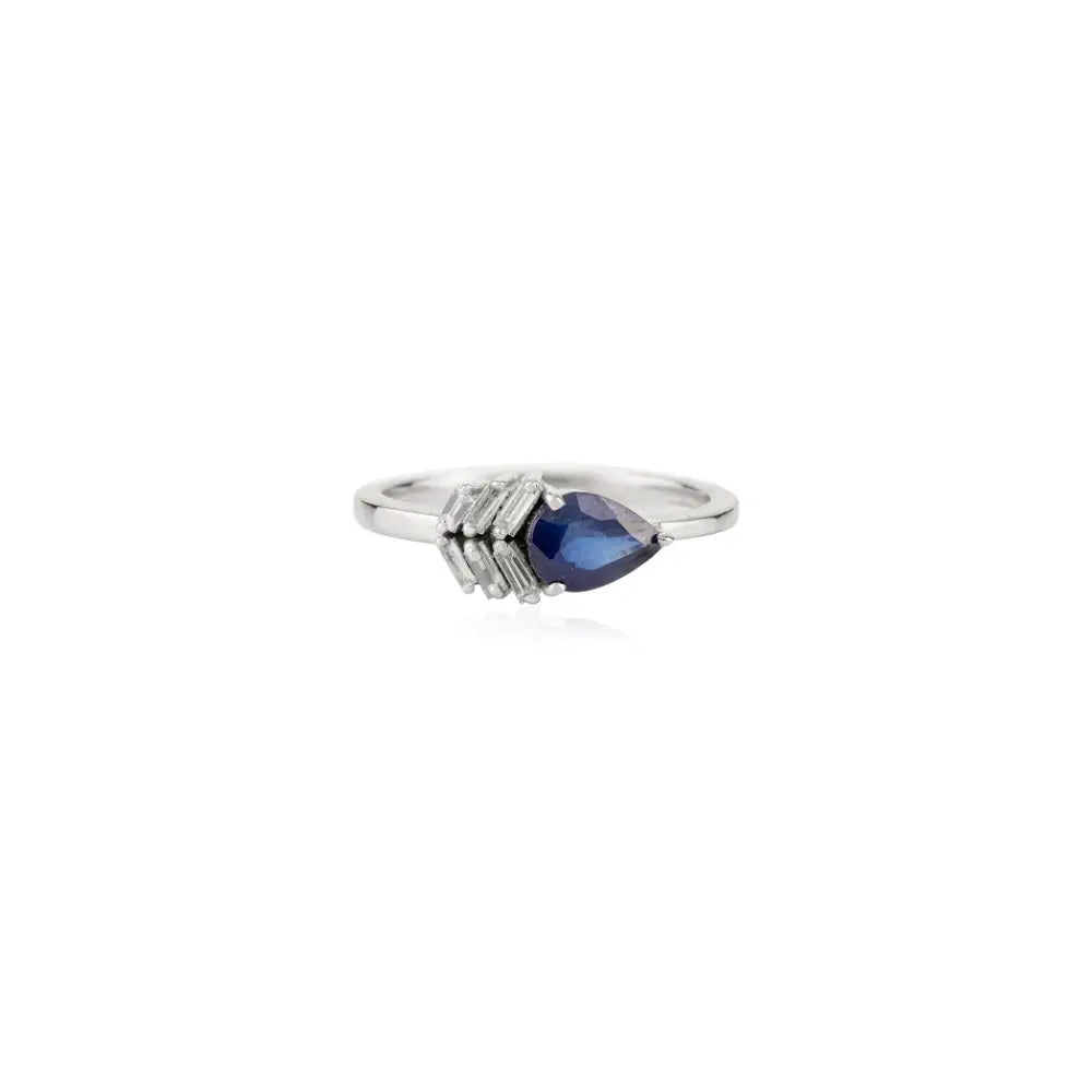 Minimal Daily Wear Blue Sapphire & Diamond Stackable Gemstone Ring K18 White Gold Jewelry
