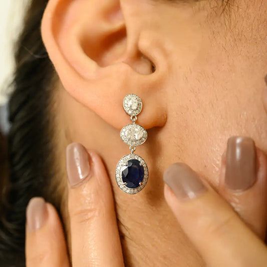 Luxury Blue Sapphire & Diamond Dangle Earrings Handmade Solid K14 White Gold Jewelry