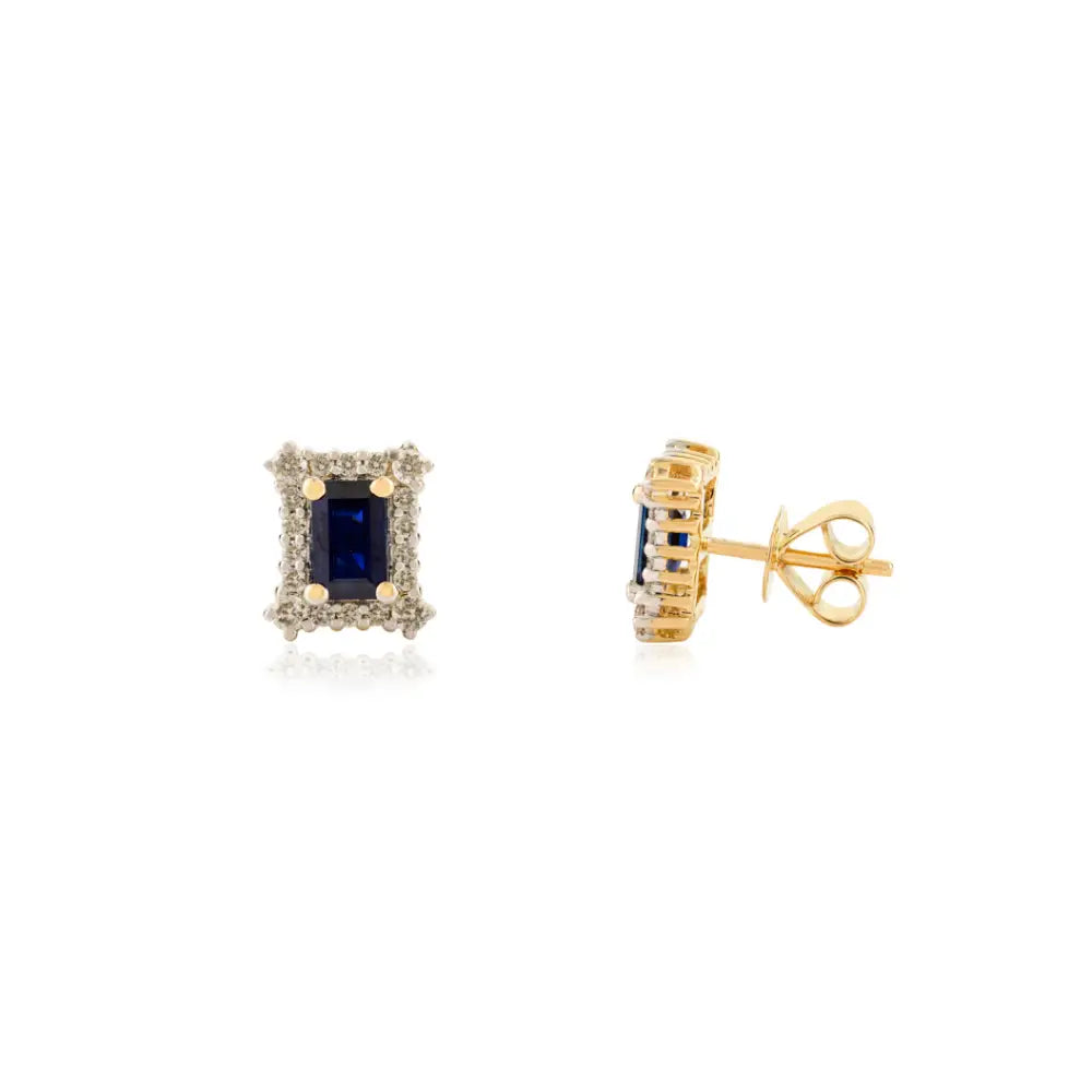 Blue Sapphire & Diamond Push Back 14K Yellow Gold Halo Stud Earrings Women Gift Jewelry