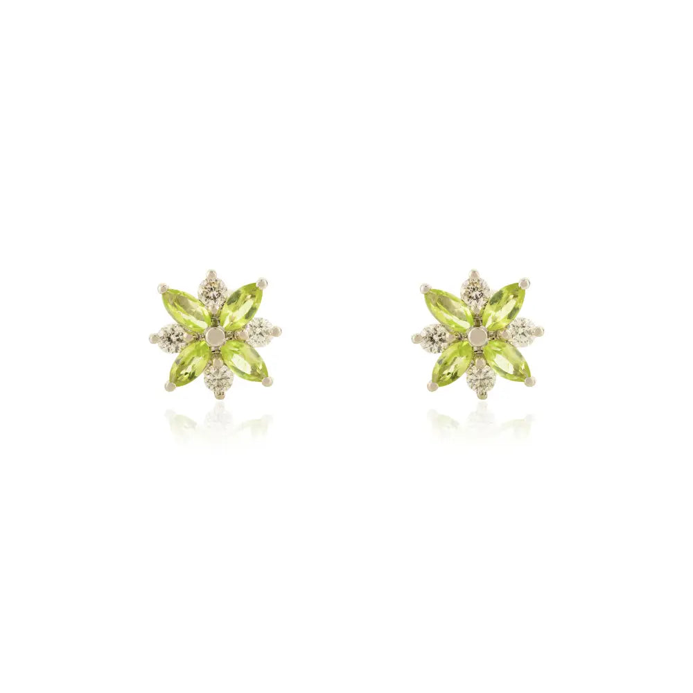 Peridot & Diamond Flower Shape Stud Earrings Real 14K White Gold Fine New Jewelry