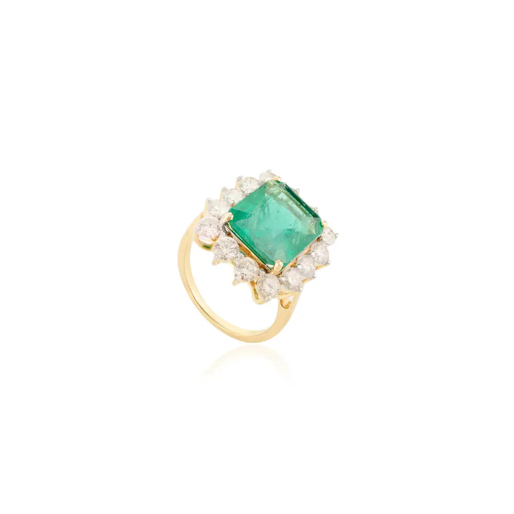 Natural Zambian Emerald & Diamond Wedding Ring 18K Yellow Gold Luxury Statement Jewelry