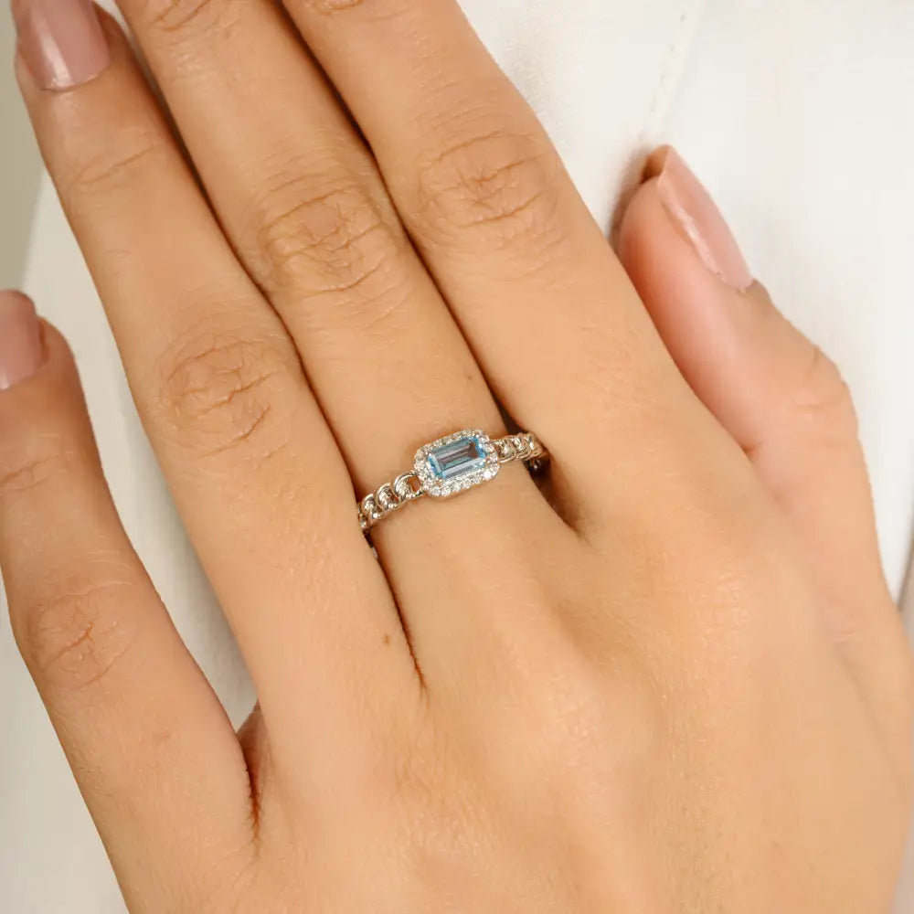 Real K14 White Gold Prong Set Blue Topaz & Diamond Halo Cuban Chain Stackable Ring