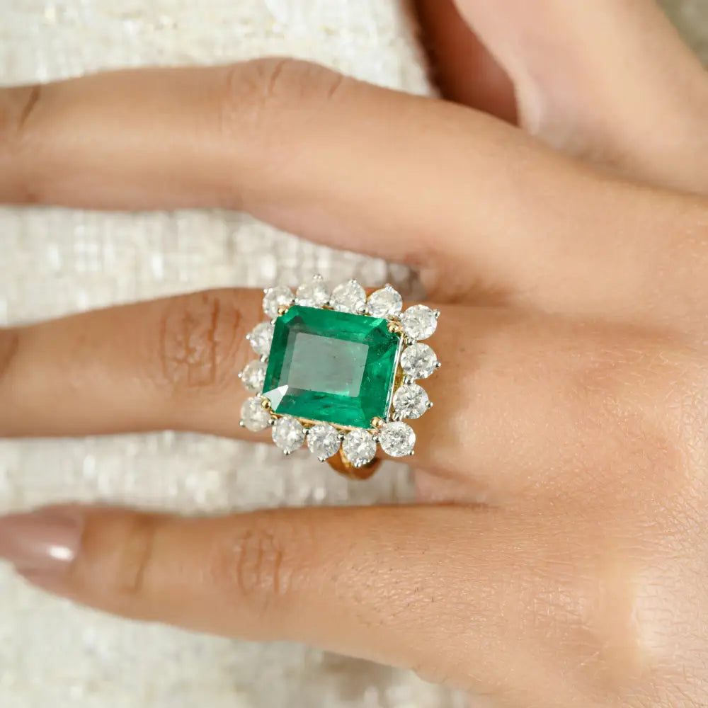 Natural Zambian Emerald & Diamond Wedding Ring 18K Yellow Gold Luxury Statement Jewelry