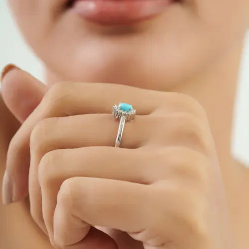 Hot Selling Trendy Oval Shape Natural Turquoise & Diamond 925 Silver Cluster Ring For Women