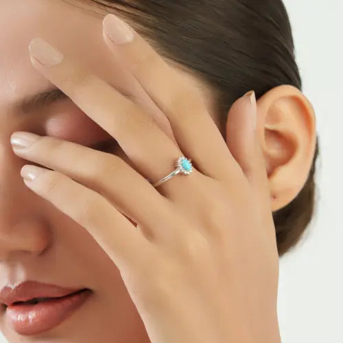 Hot Selling Trendy Oval Shape Natural Turquoise & Diamond 925 Silver Cluster Ring For Women