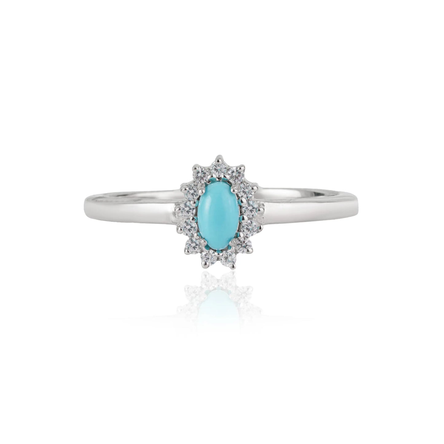 Hot Selling Trendy Oval Shape Natural Turquoise & Diamond 925 Silver Cluster Ring For Women