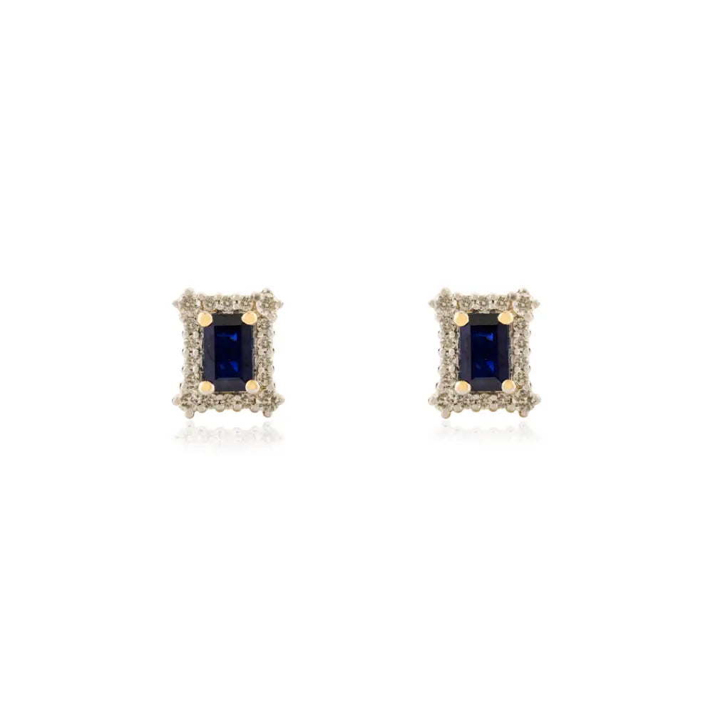 Blue Sapphire & Diamond Push Back 14K Yellow Gold Halo Stud Earrings Women Gift Jewelry
