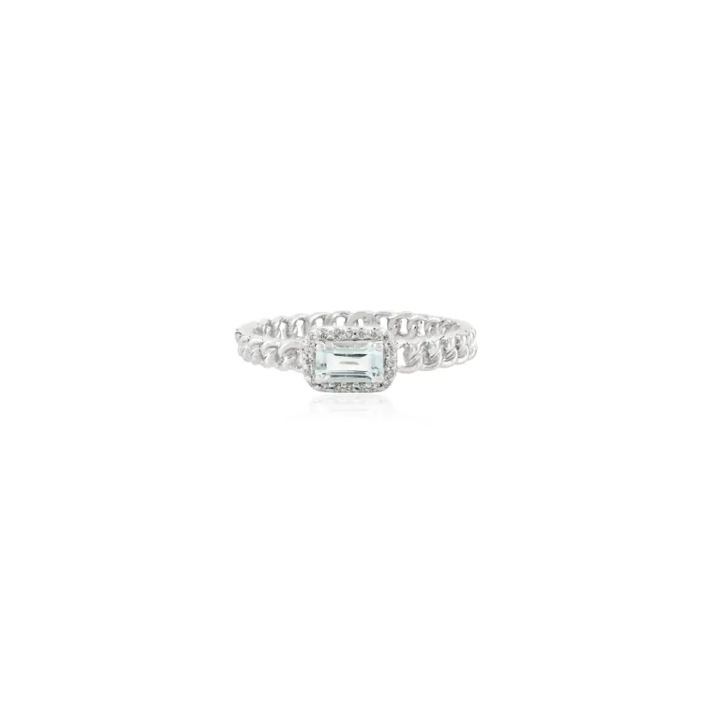 Real K14 White Gold Prong Set Blue Topaz & Diamond Halo Cuban Chain Stackable Ring