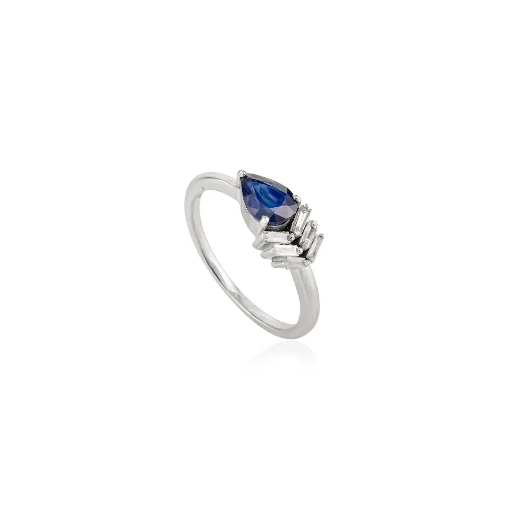 Minimal Daily Wear Blue Sapphire & Diamond Stackable Gemstone Ring K18 White Gold Jewelry