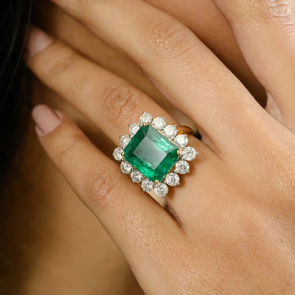 Natural Zambian Emerald & Diamond Wedding Ring 18K Yellow Gold Luxury Statement Jewelry