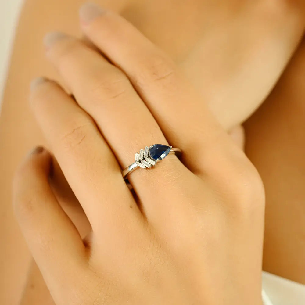 Minimal Daily Wear Blue Sapphire & Diamond Stackable Gemstone Ring K18 White Gold Jewelry