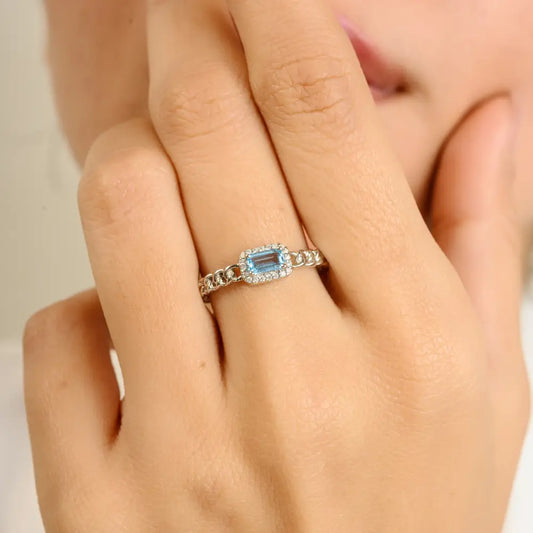 Real K14 White Gold Prong Set Blue Topaz & Diamond Halo Cuban Chain Stackable Ring