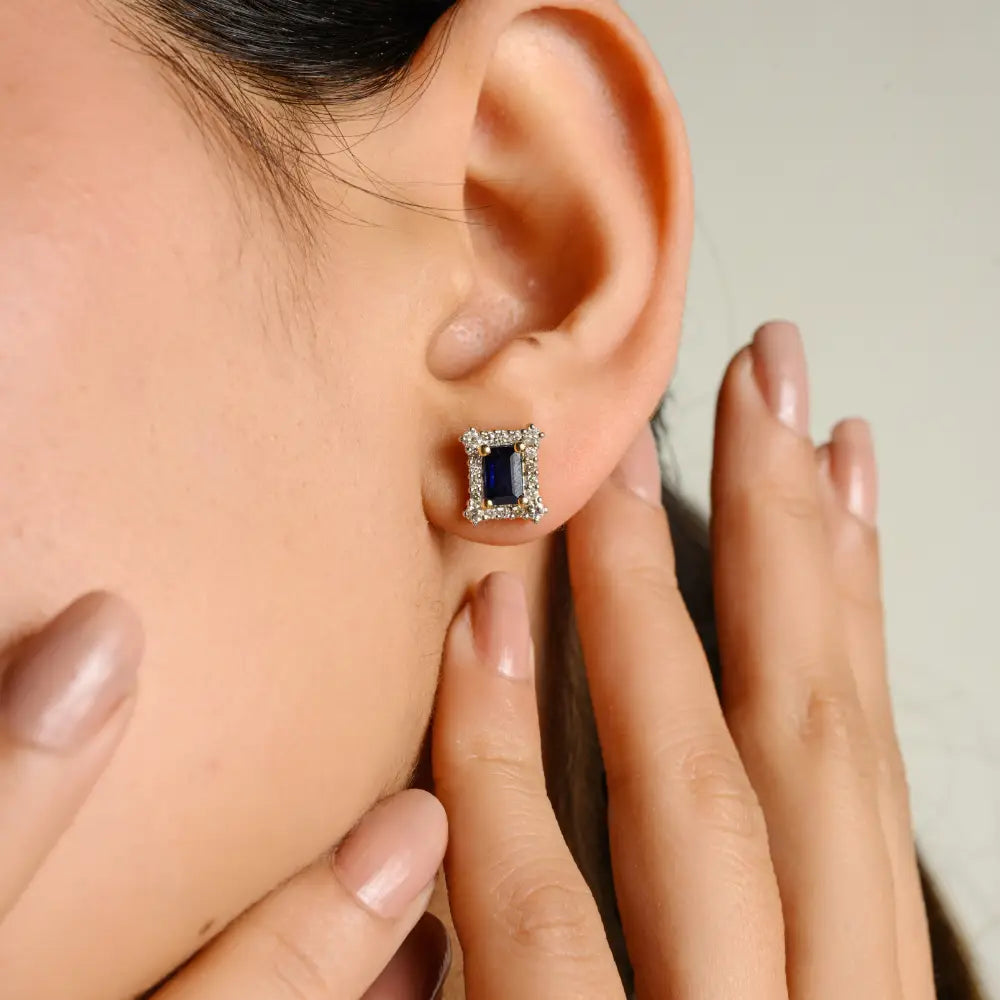 Blue Sapphire & Diamond Push Back 14K Yellow Gold Halo Stud Earrings Women Gift Jewelry