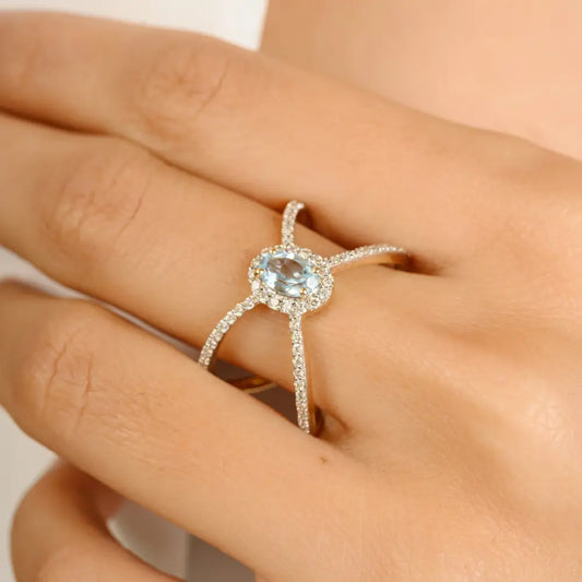 X Shaped Blue Topaz & Diamond 14K Real Gold Criss-Cross Ring Wedding Birthstone Jewelry