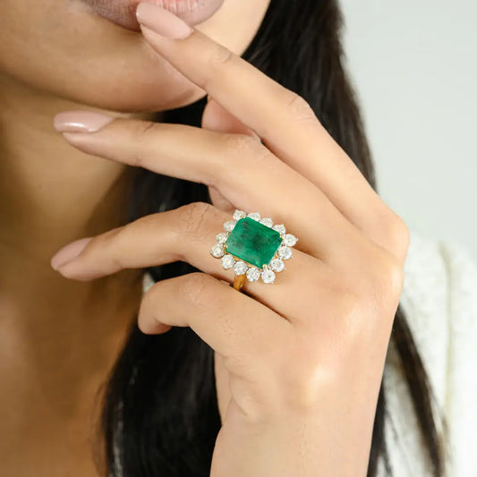 Natural Zambian Emerald & Diamond Wedding Ring 18K Yellow Gold Luxury Statement Jewelry