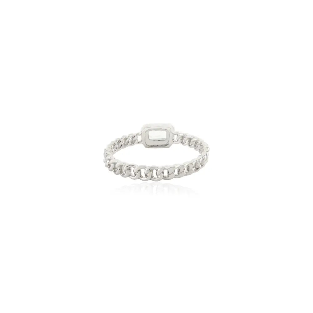 Real K14 White Gold Prong Set Blue Topaz & Diamond Halo Cuban Chain Stackable Ring