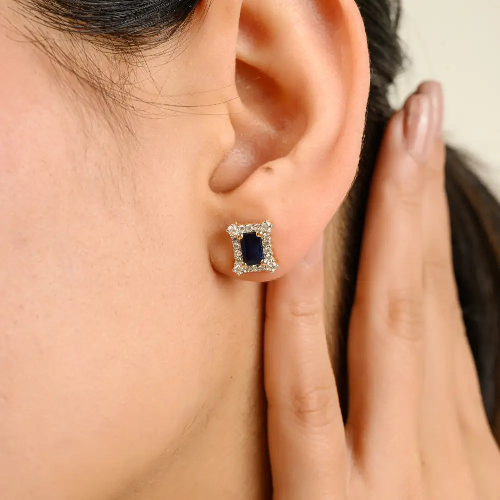 Blue Sapphire & Diamond Push Back 14K Yellow Gold Halo Stud Earrings Women Gift Jewelry