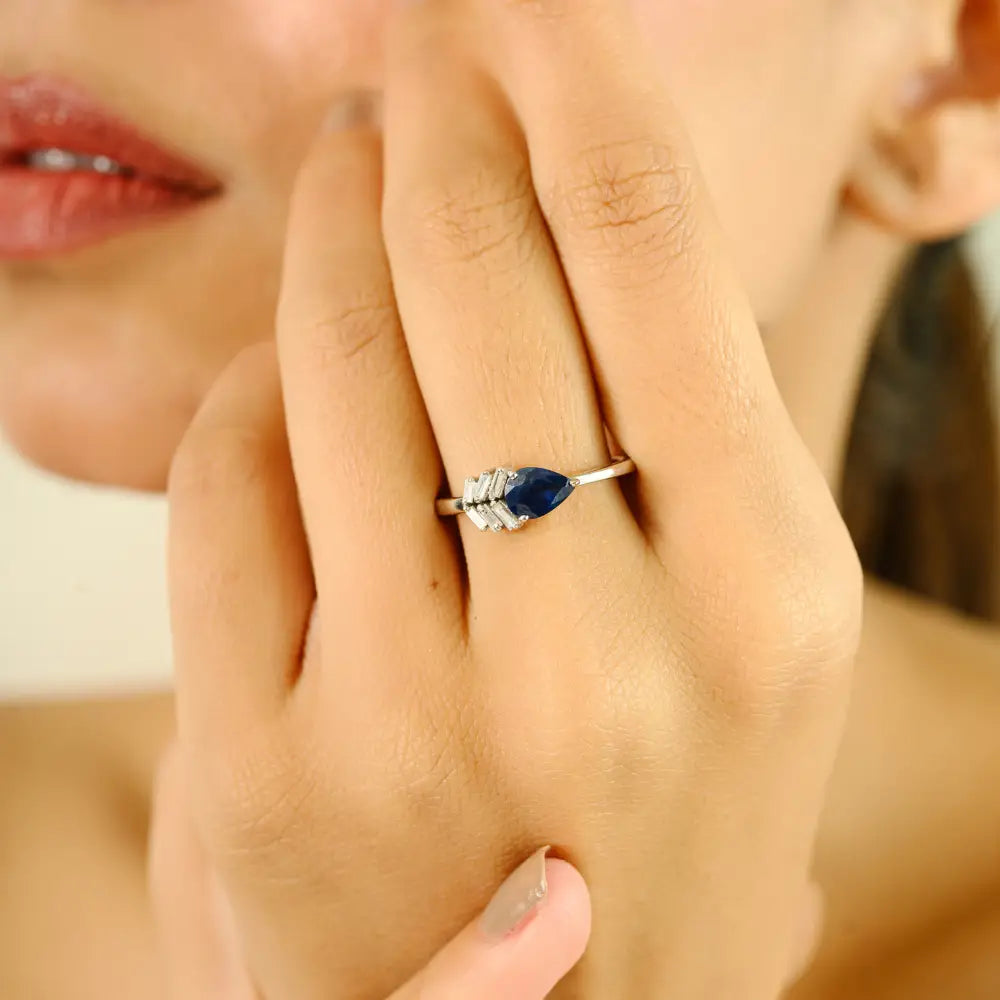 Minimal Daily Wear Blue Sapphire & Diamond Stackable Gemstone Ring K18 White Gold Jewelry