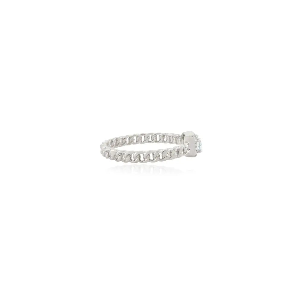 Real K14 White Gold Prong Set Blue Topaz & Diamond Halo Cuban Chain Stackable Ring