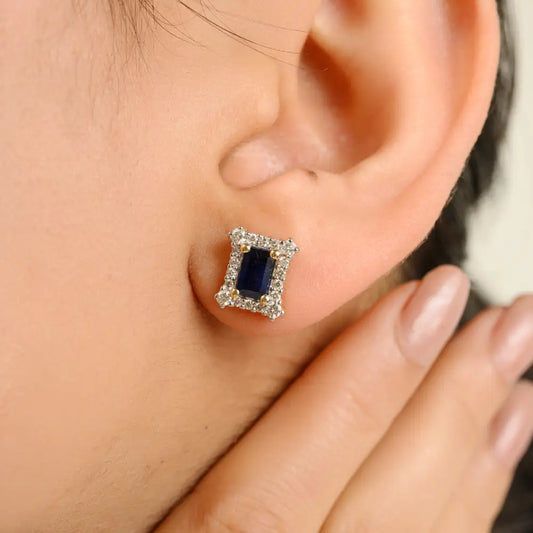 Blue Sapphire & Diamond Push Back 14K Yellow Gold Halo Stud Earrings Women Gift Jewelry