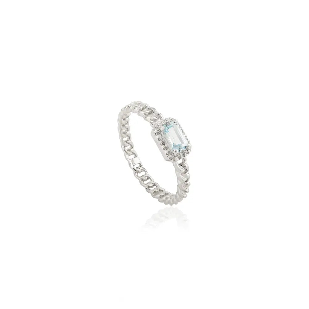 Real K14 White Gold Prong Set Blue Topaz & Diamond Halo Cuban Chain Stackable Ring