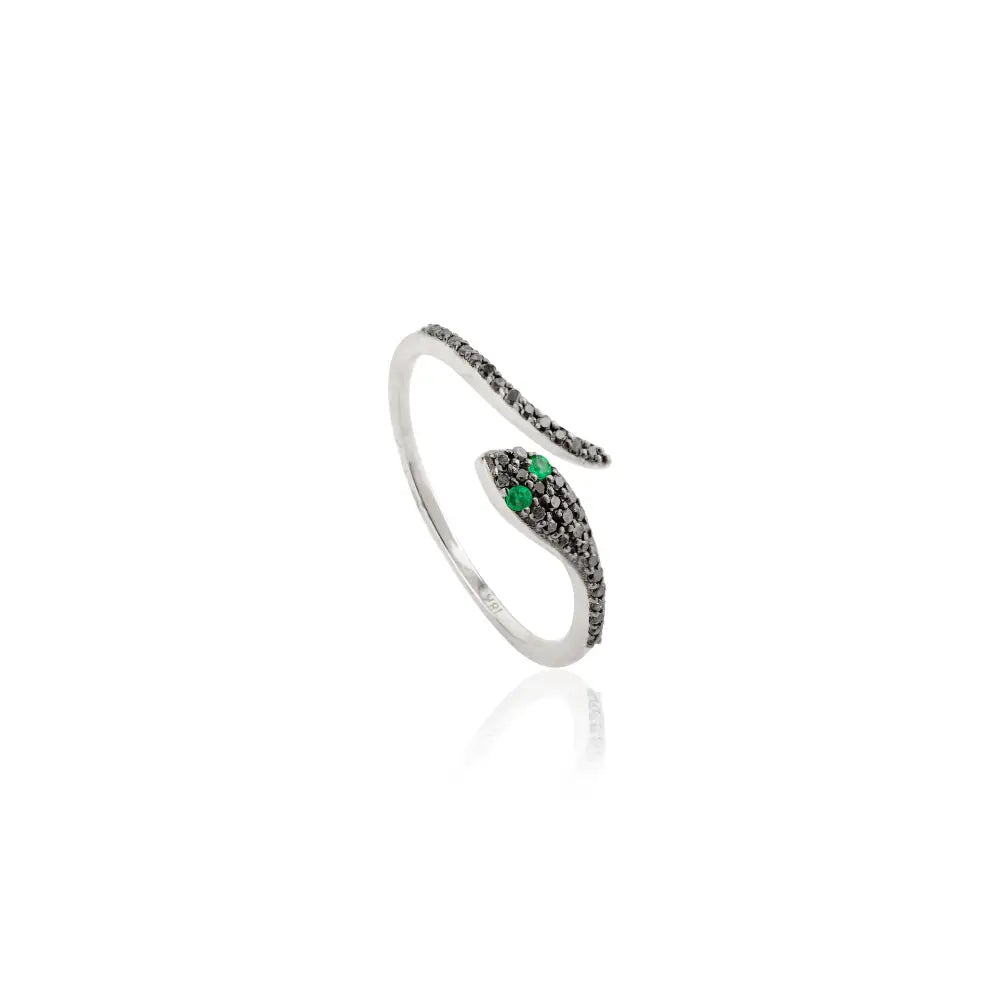 Round Cut Emerald & Black Diamond Minimal Snake Ring 18K Real White Gold Dainty Jewelry