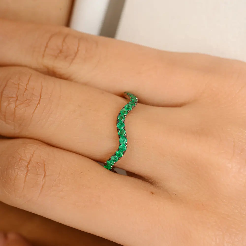 Round Cut Zambian Emerald 14K Solid White Gold Stacking Wavy Band Ring Designer Jewelry