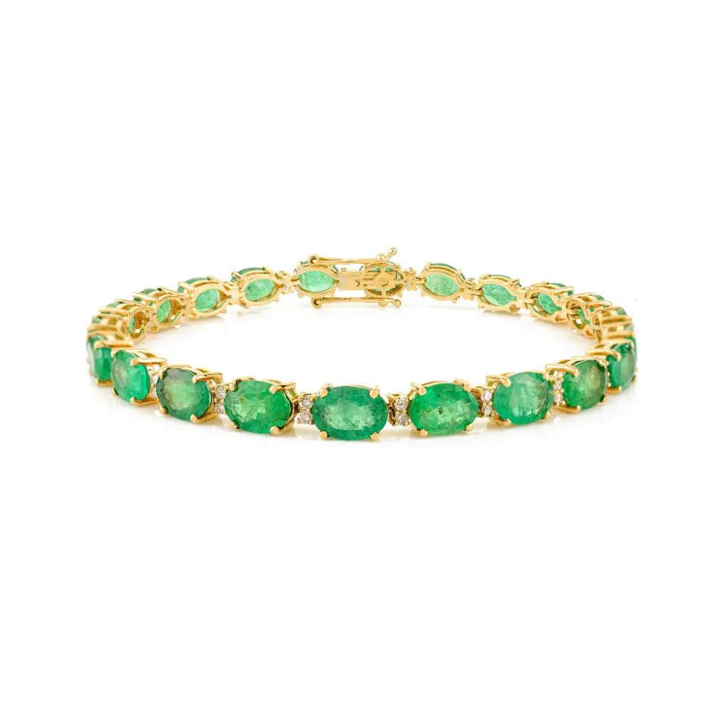 18K Pure Yellow Gold May Birthstone Zambian Emerald & Diamond Tennis Bracelet For Unisex