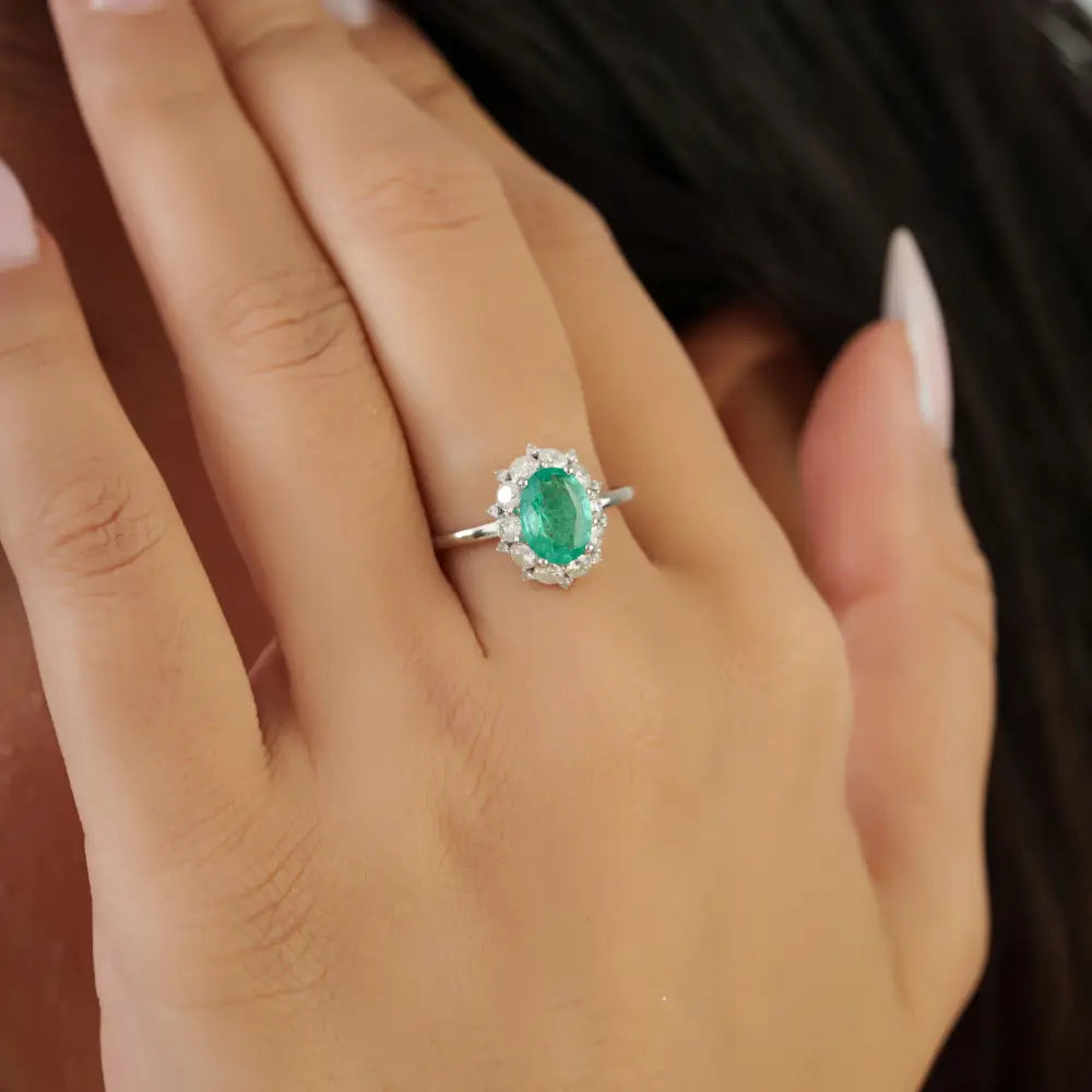 8x6mm Emerald & Diamond Stackable Cluster Ring Engagement Jewelry 14K White Gold