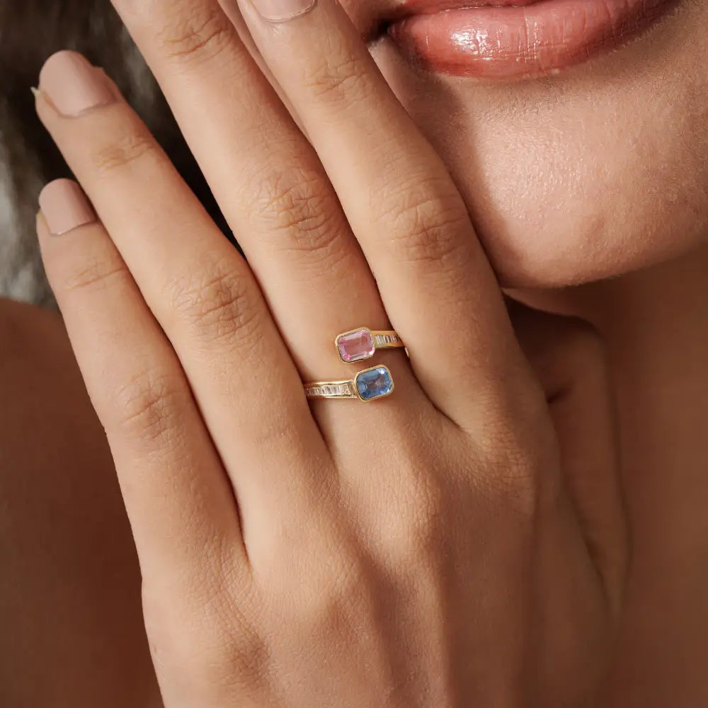 Rainbow Multi Sapphire & Diamond Bypass Ring Birthstone Jewelry 14K Solid Yellow Gold