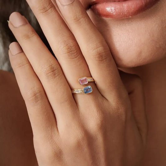 Rainbow Multi Sapphire & Diamond Bypass Ring Birthstone Jewelry 14K Solid Yellow Gold