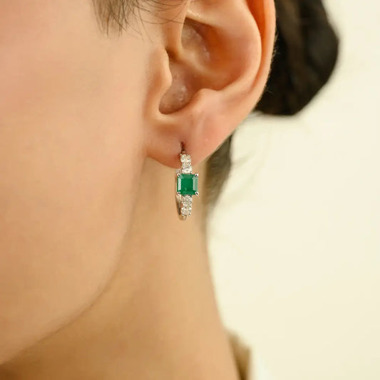 Prong Setting Emerald & Diamond K14 White Gold Everyday Hoop Earrings For Women Gift