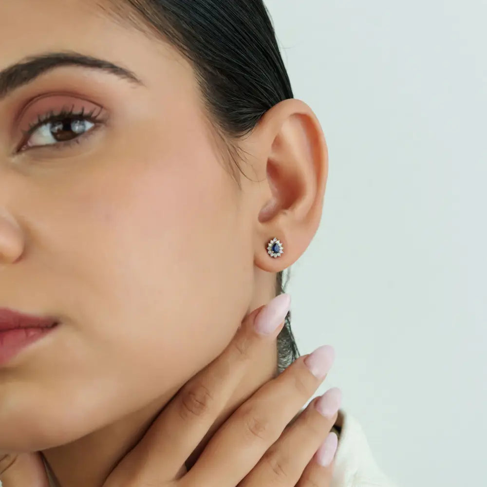 Prong Set Blue Sapphire & Diamond Pure 14K White Gold Cluster Stud Earrings Custom Jewelry