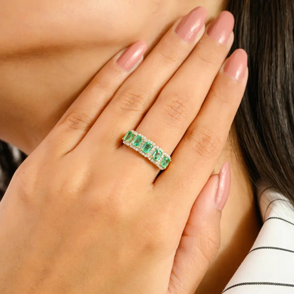Solid K14 Yellow Gold Natural Emerald & Diamond Halo Half Eternity Band Ring Engagement Jewelry