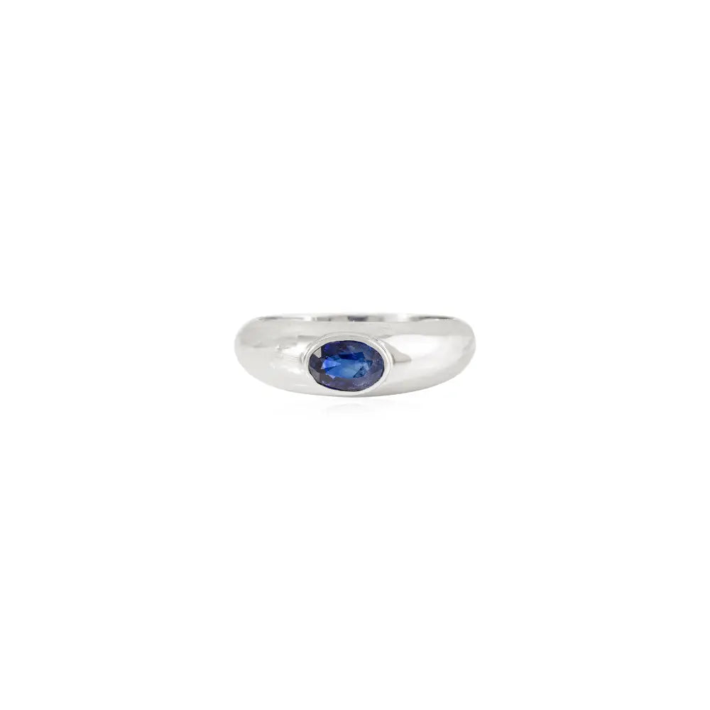14K Solid White Gold Oval Shape Blue Sapphire Chunky Dome Ring New Collection Jewelry
