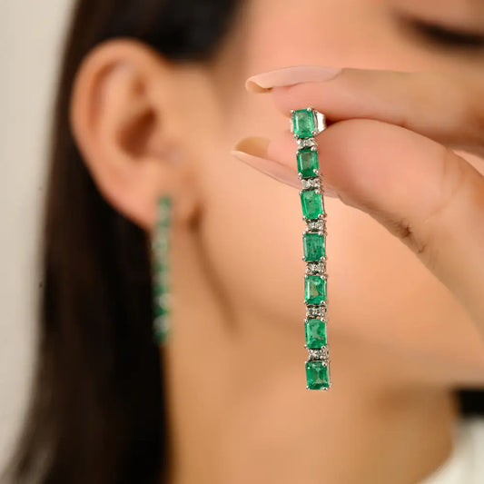 Wedding Party Wear Jewelry Emerald & Diamond K14 Real Gold Long Dangle Earrings