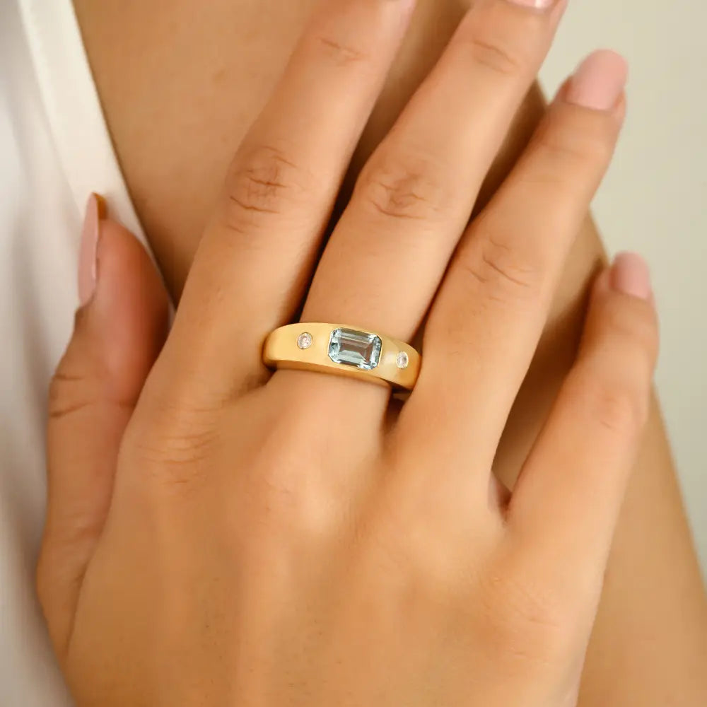 March Birthstone Aquamarine & Diamond Chunky Signet Ring 18K Gold Wedding Jewelry