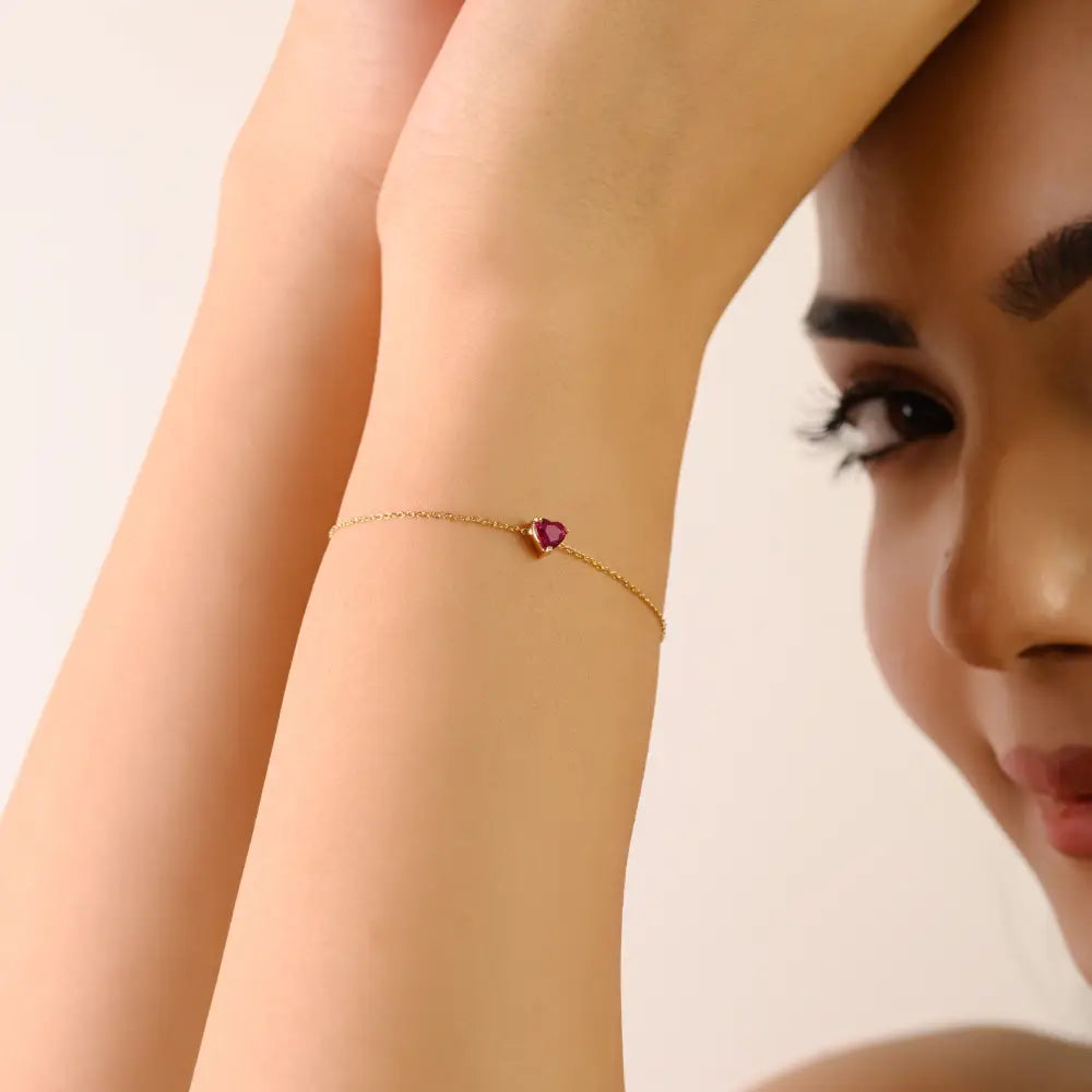Tiny Heart Shape Ruby Prong Set Single Stone Bracelet 14K Yellow Gold Valentine Gift