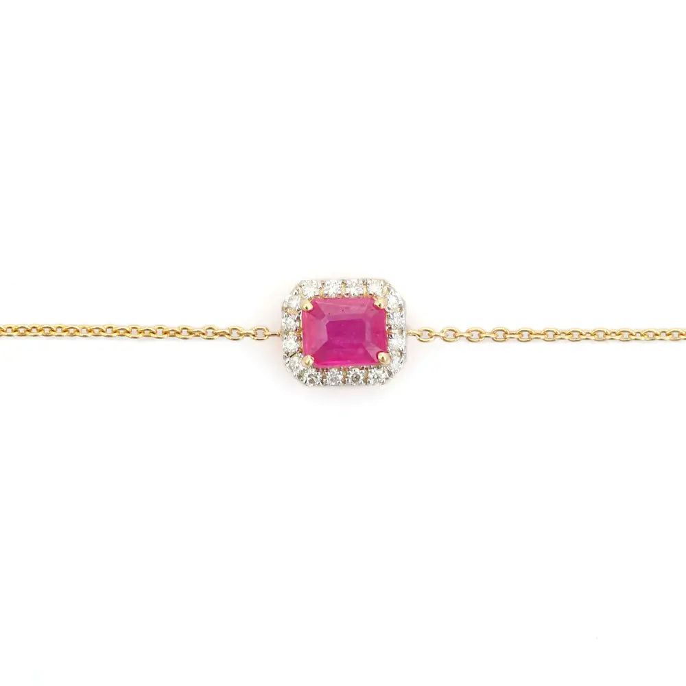 Prong Setting Ruby & Diamond 14K Real Gold Solitaire Halo Bracelet Gift For Wife New Collection