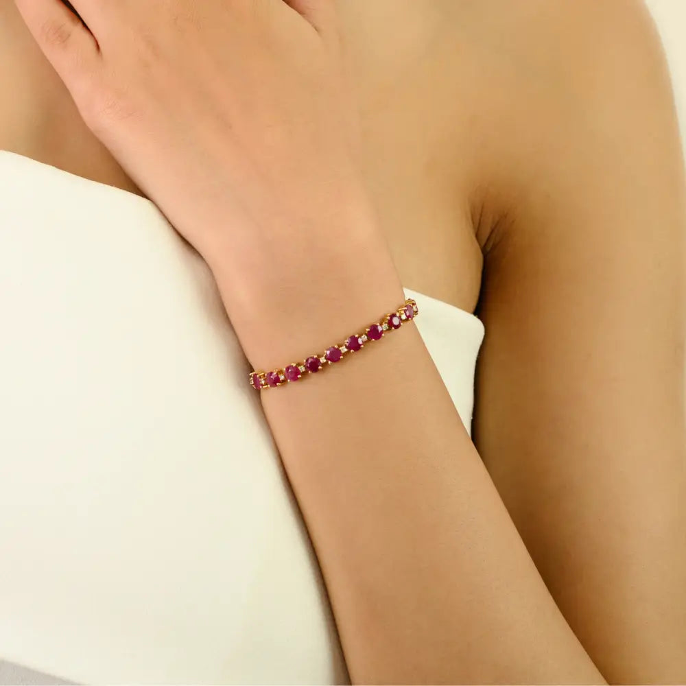 Round Cut Ruby & Diamond July Birthstone Tennis Bracelet For Christmas Gift 18K Gold