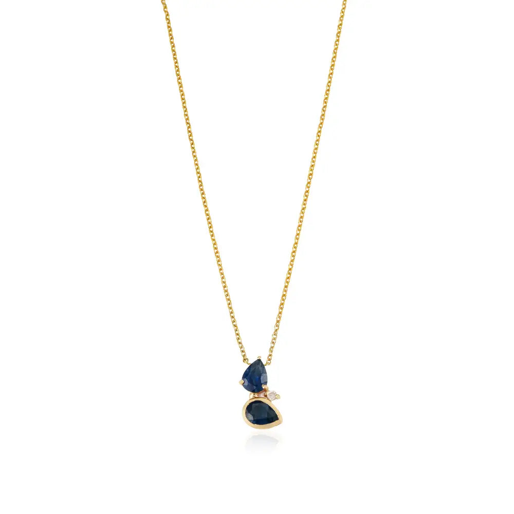 Solid 14K Yellow Gold Blue Sapphire & Diamond Minimal Stackable Pendant Necklace Women